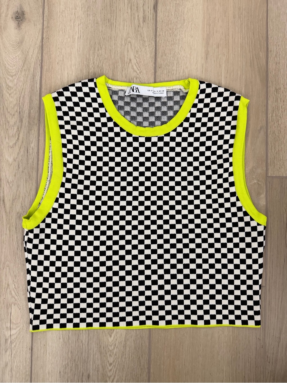 Zara Black & White Checker Crop Tank with Neon Yellow Trim